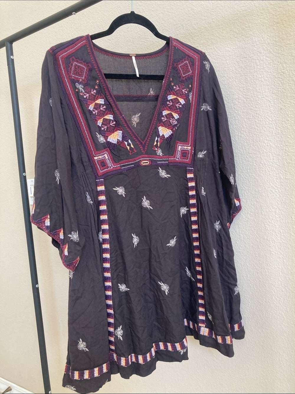 Free People Charcoal Embroidered V-Neck Tunic with Multicolor Trim